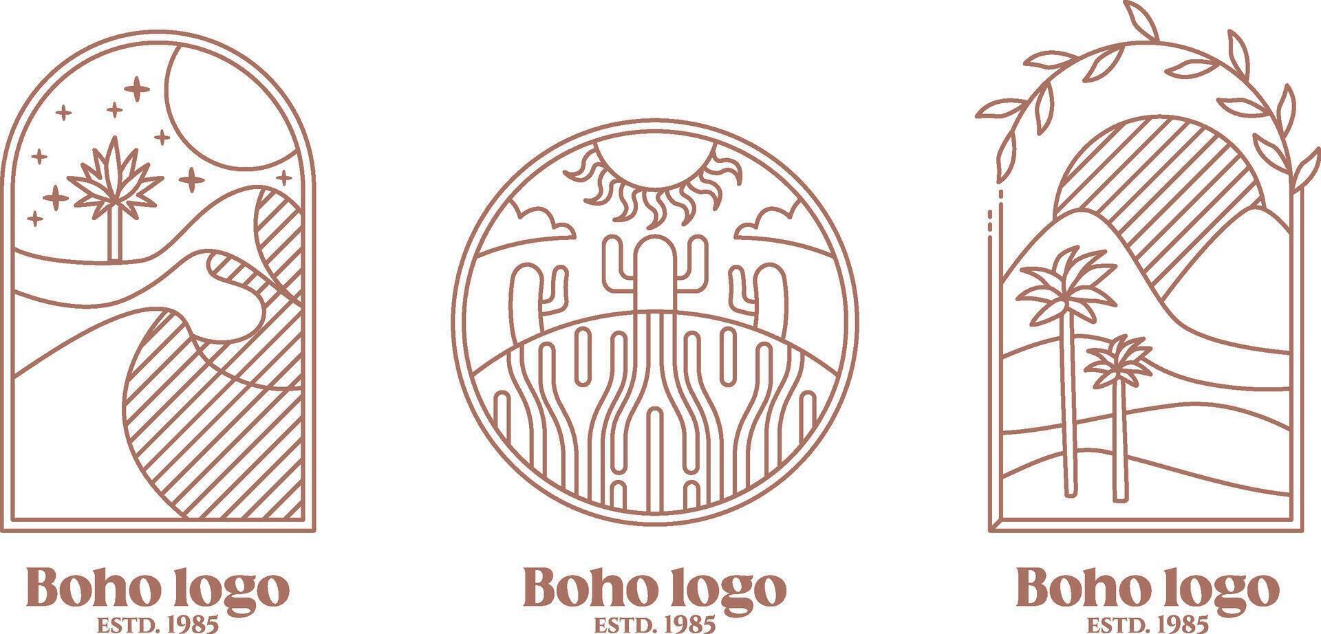 Set Desert oasis khaki boho logo set. Cactus. sand landscape aesthetic icon. vector