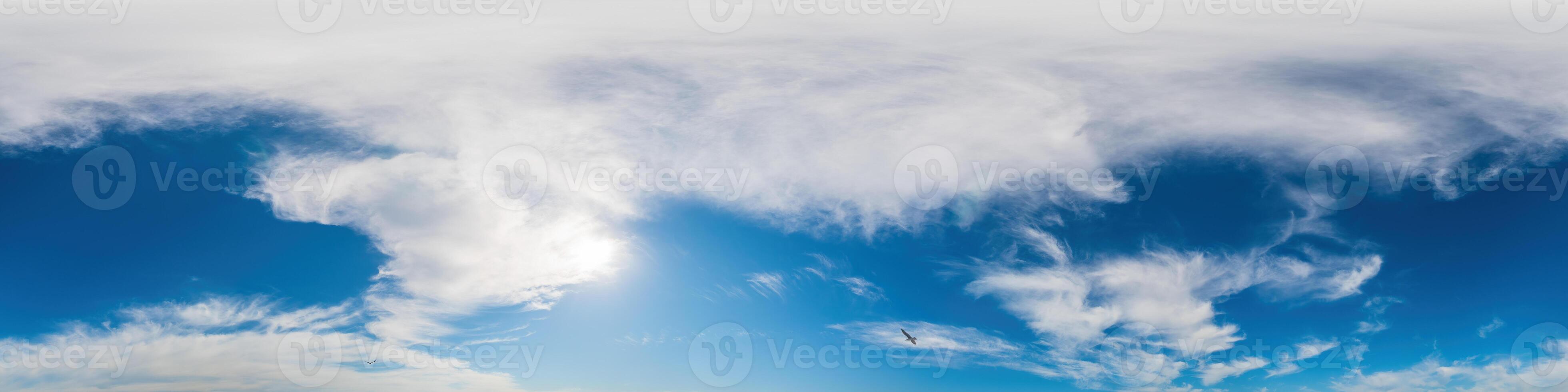 Blue sky panorama with Cirrus clouds. Seamless hdr 360 degree pano in spherical equirectangular format. Sky dome or zenith for 3D visualization, game and sky replacement for aerial drone 360 panoramas photo