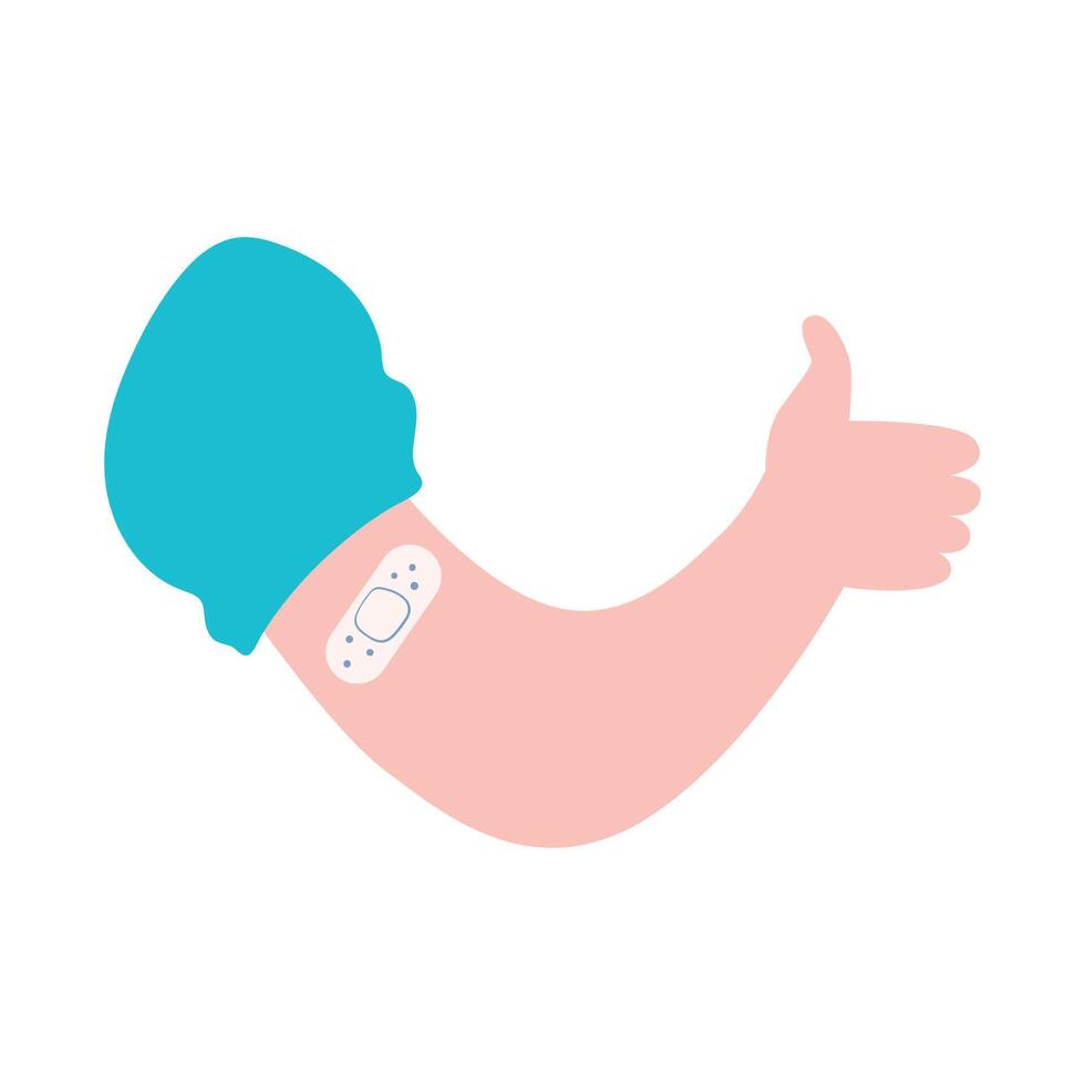 Arm with adhesive band making thumb up gesture. Population vaccine immunization health care concept vector