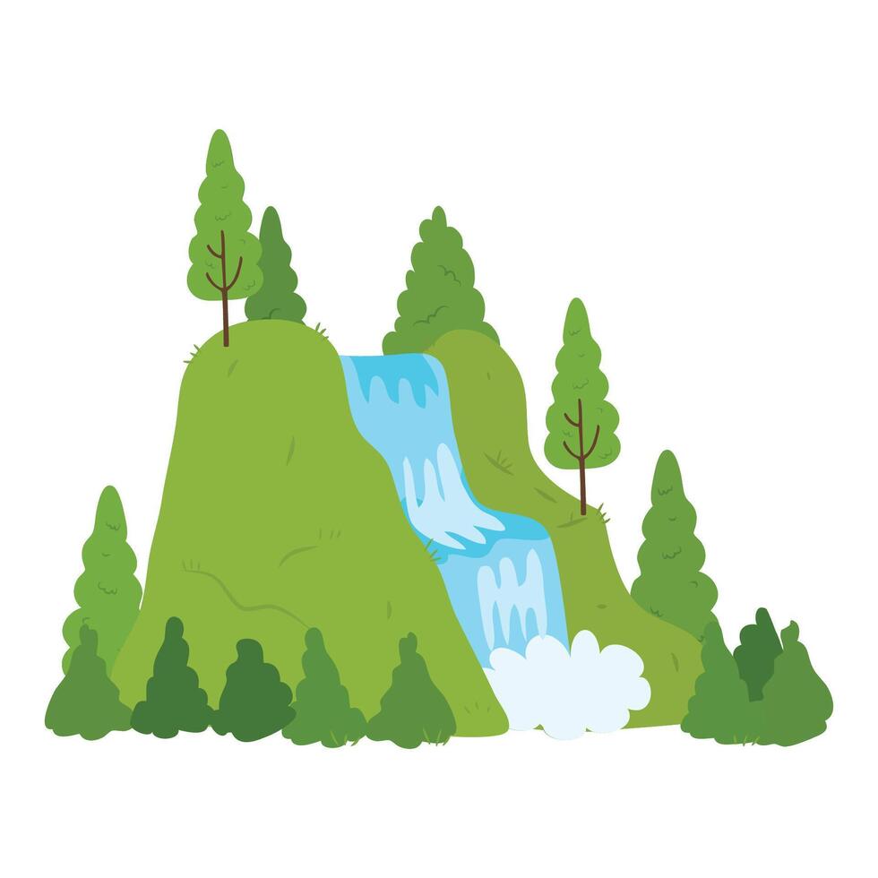 trees and waterfall mountain in the forest flat illustration vector