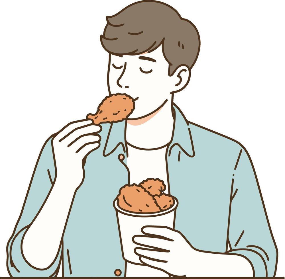 Guy eating and tasting fried chicken thigh illustration vector