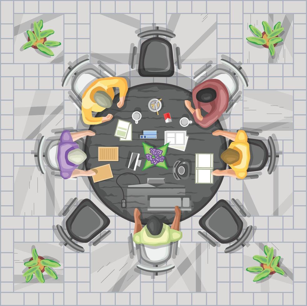 Brainstorming and teamwork as a group, view from above. Round table business meeting discussion of the project. Office plan in top view vector