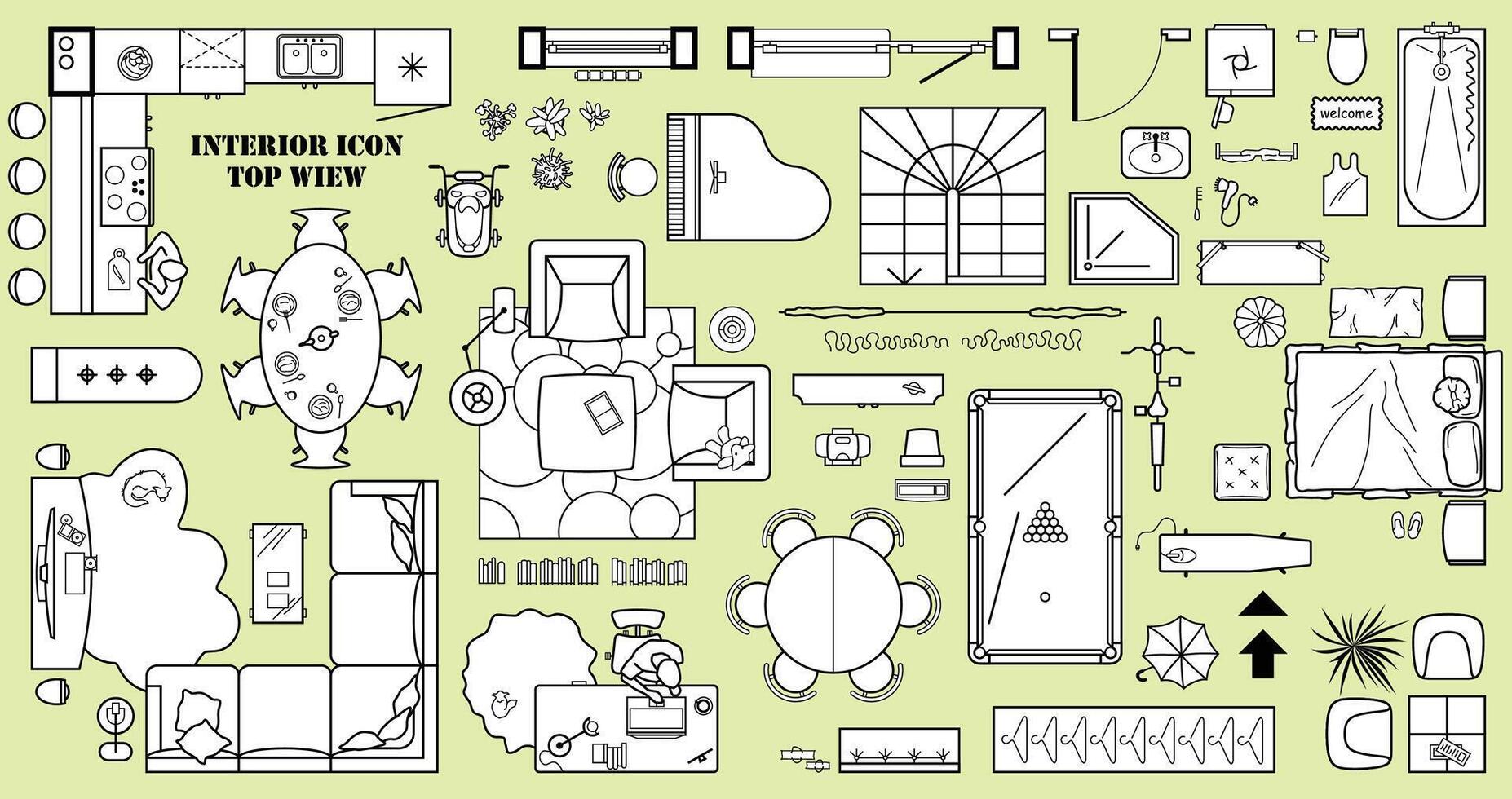 Floor plan icon set in top view for interior design. Architecture plan with furniture View from above. The layout of the apartment, kitchen, living room and bedroom vector