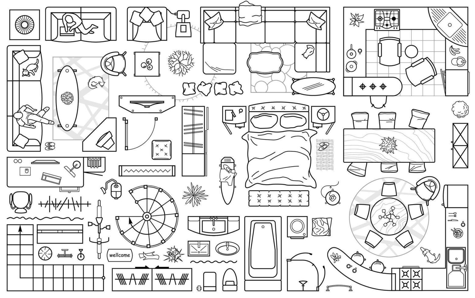 Floor plan icons set for design interior and architectural project view from above. Furniture thin line icon in top view for layout vector