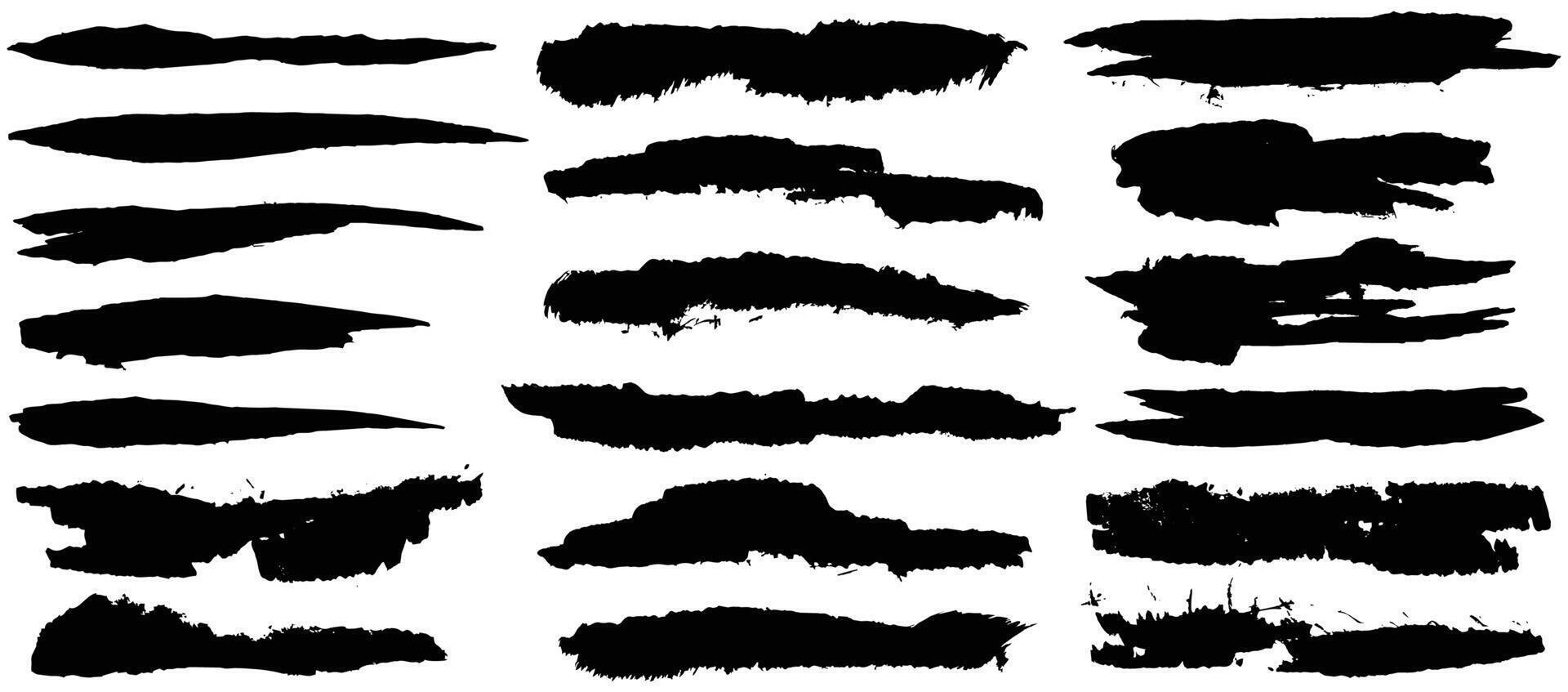 Ink brush stroke. Dry paint long smear, black stains. Isolated textured straight lines or art grunge design elements. Paint brush, grunge ink stroke vector