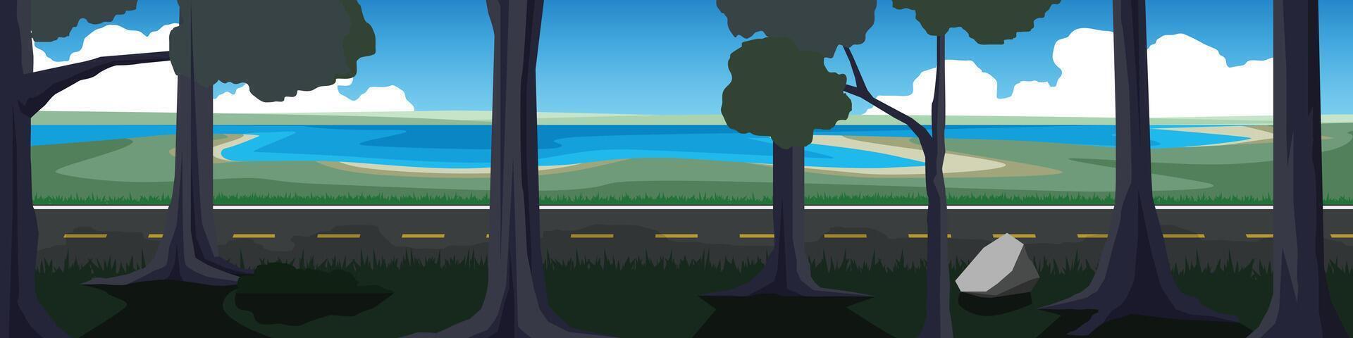 Horizontal view of empty asphalt road. Frontground of trees on the road. Vast coastal lands and river reservoir with distant lands. Under blue sky and white clouds. vector