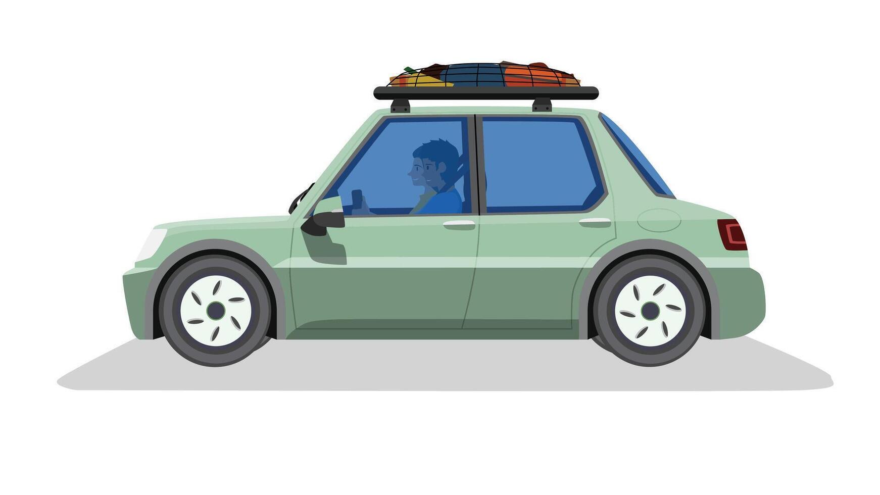 or llustration of detailed side of flat sedan car with driving man and couples. Cartoon car green color. Car roof luggage rack with net cover. Shadow of car on isolated white background. vector