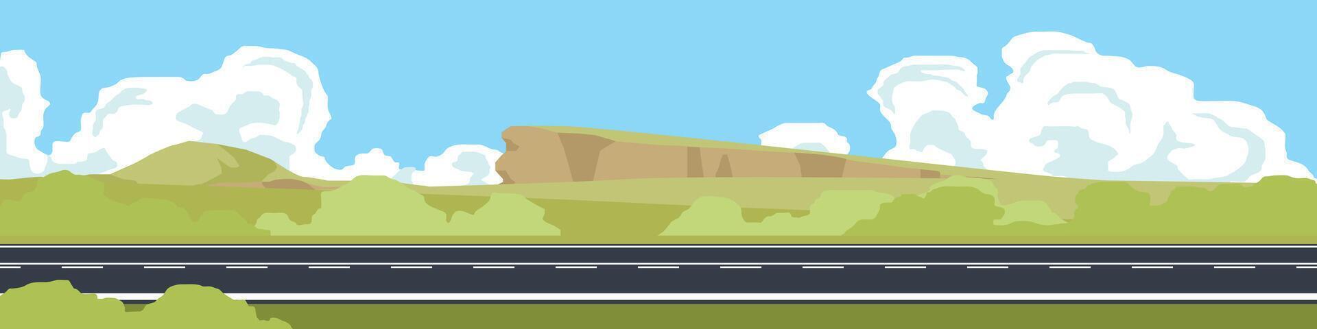 Horizontal view of empty of asphalt road. meadow with grass and hills with mountain. Under the white clouds and blue sky in day time. vector