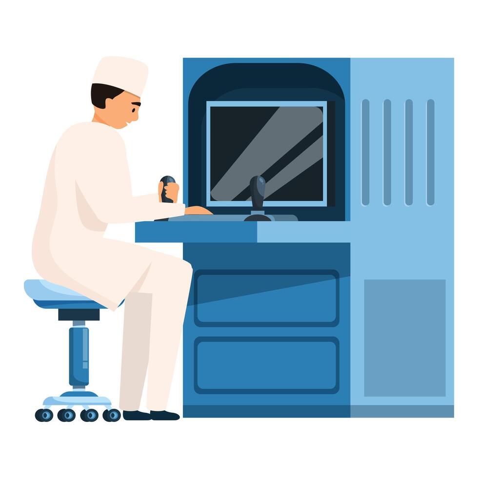 Doctor using control panel of medical machine for treatment vector