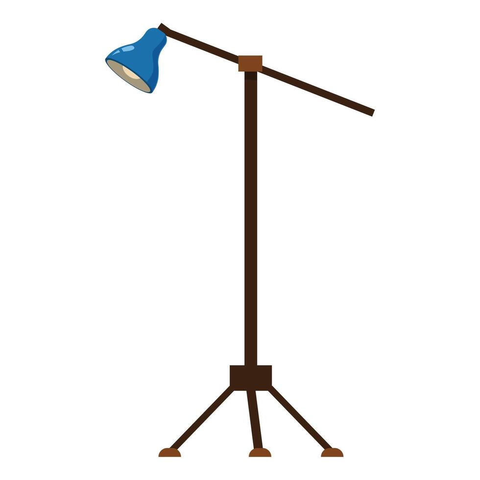 Blue lamp hanging from wooden tripod being used as floor lamp vector