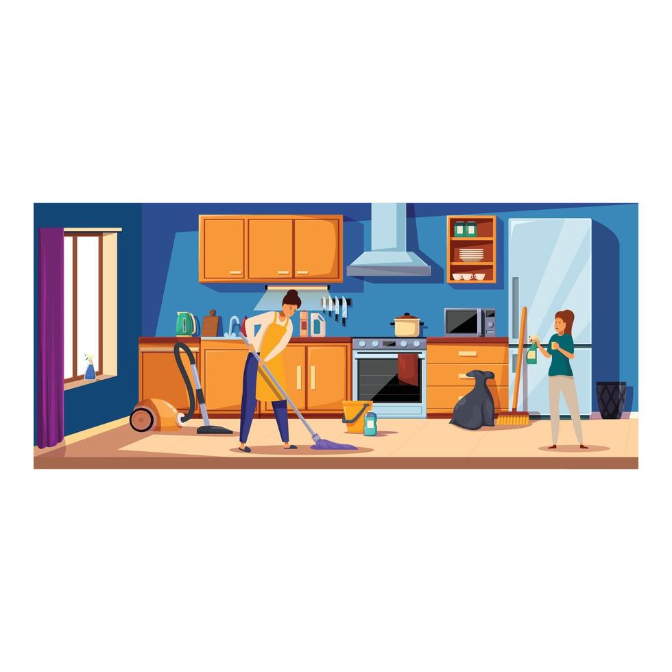 Two professional cleaners washing floor and kitchen counter in modern apartment vector