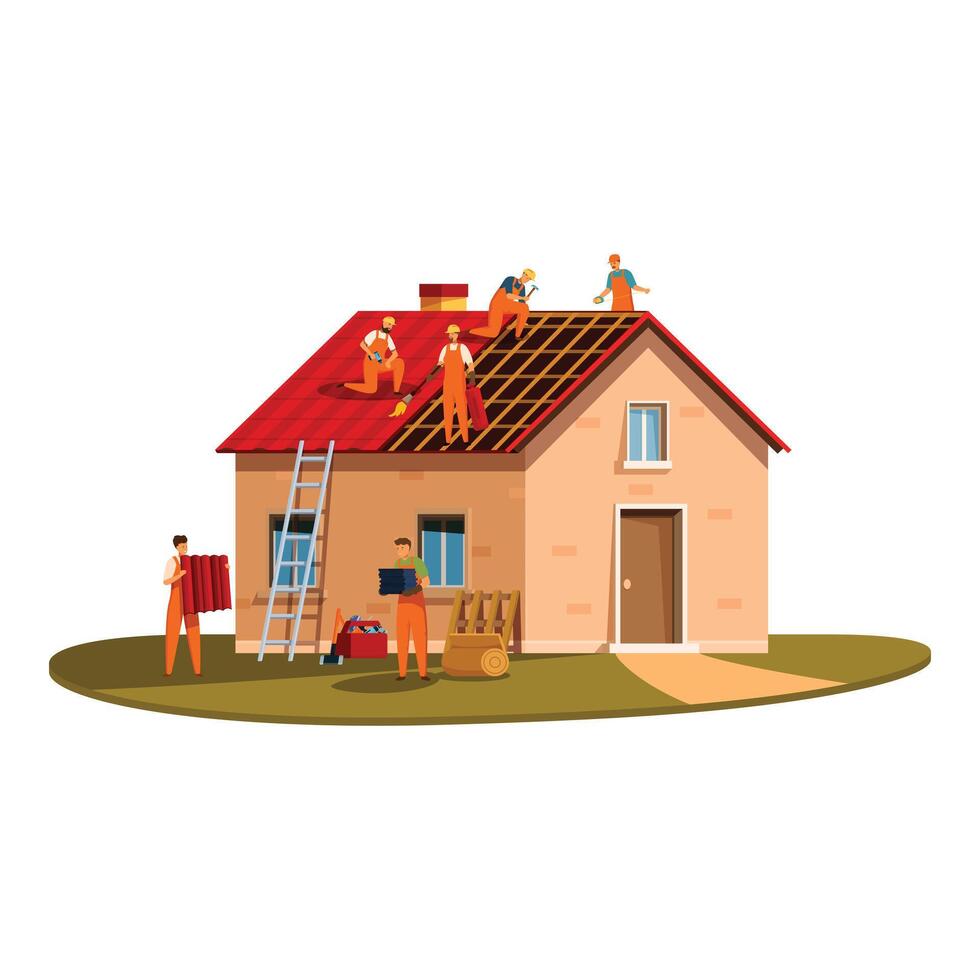 Construction workers team repairing house roof using professional equipment vector