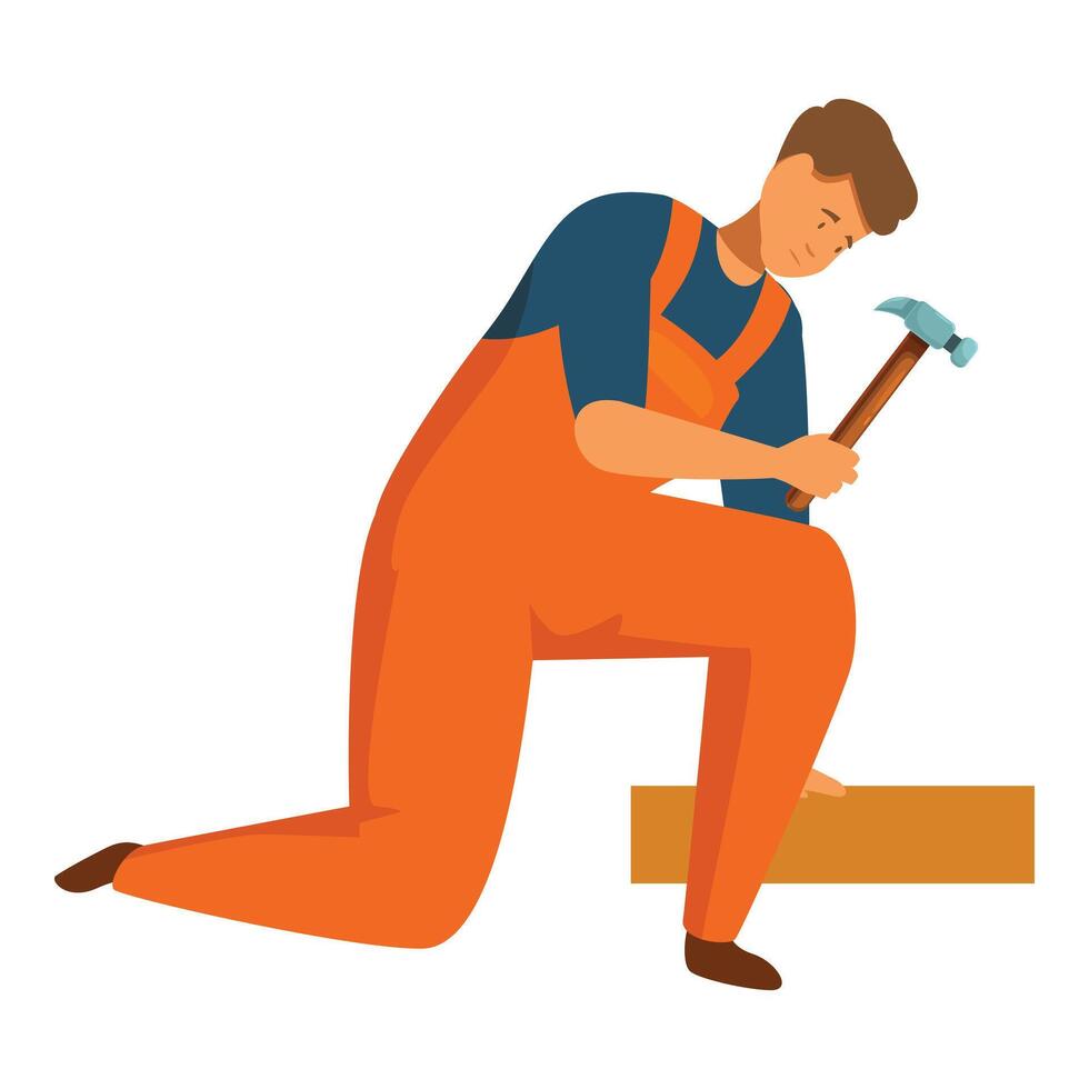 Construction worker kneeling and hammering a nail into wooden plank vector
