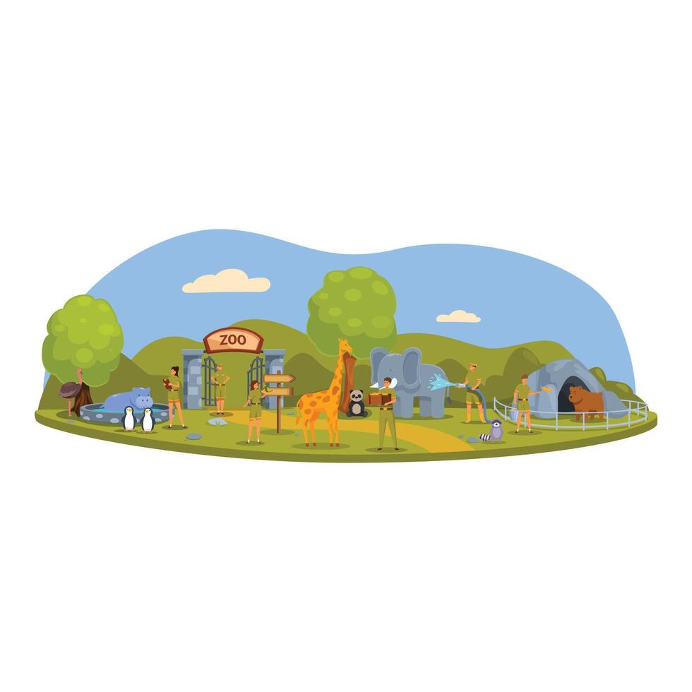 Zoo keepers working, feeding and taking care of different species of animals living in a zoo vector