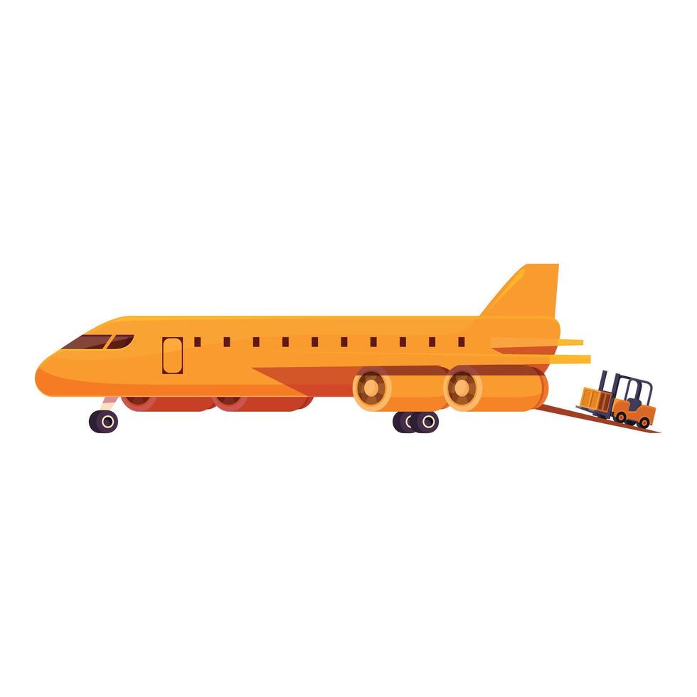 Forklift loading cargo on airplane at airport hub vector