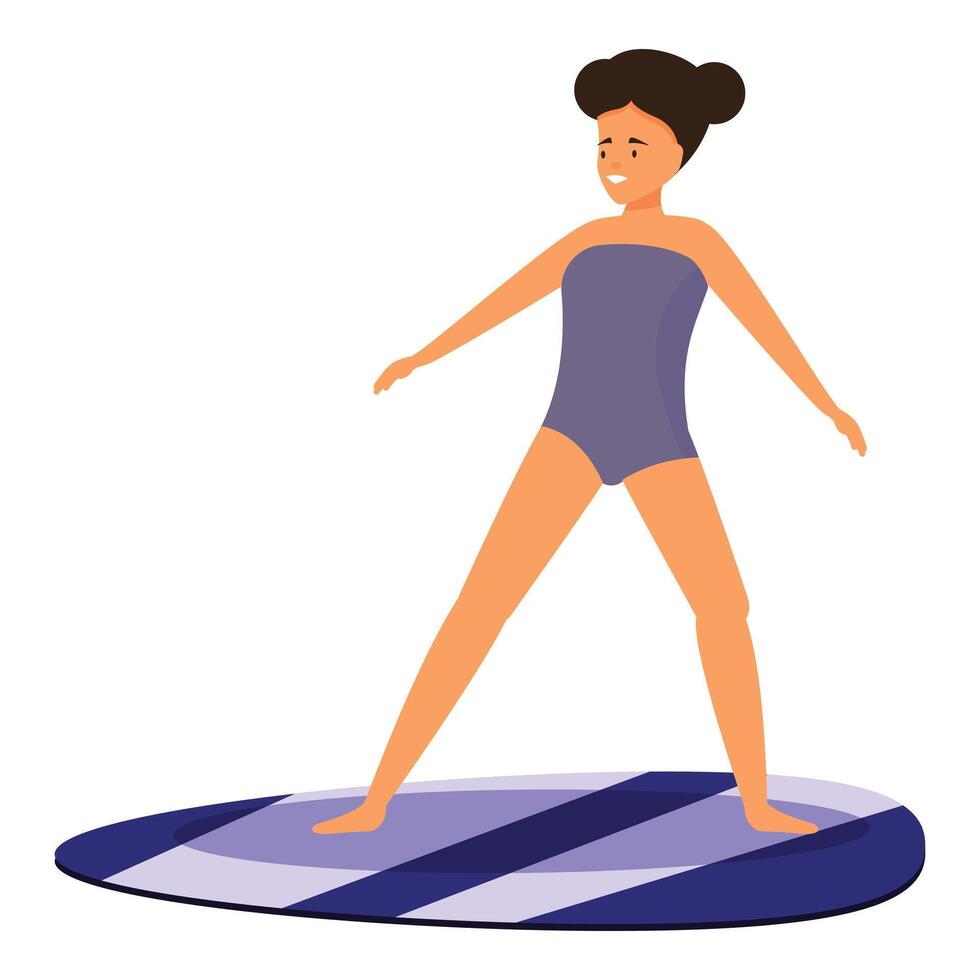 Young woman balancing on surfboard, practicing surfing poses vector