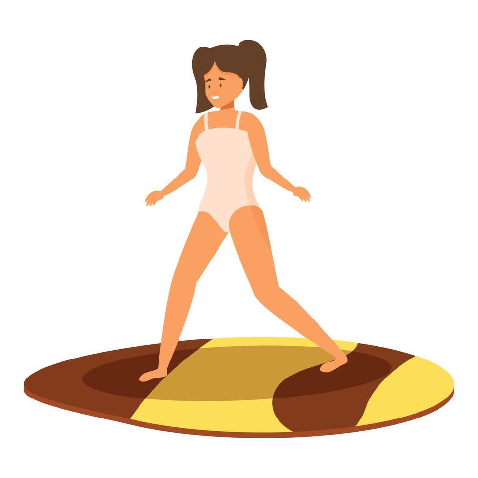 Young woman in swimsuit balancing on surfboard shaped carpet vector