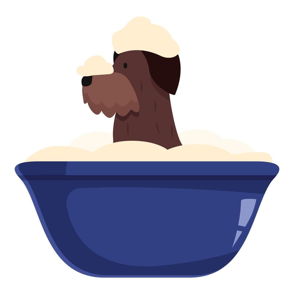 Brown dog taking a bath with foam in a blue basin vector