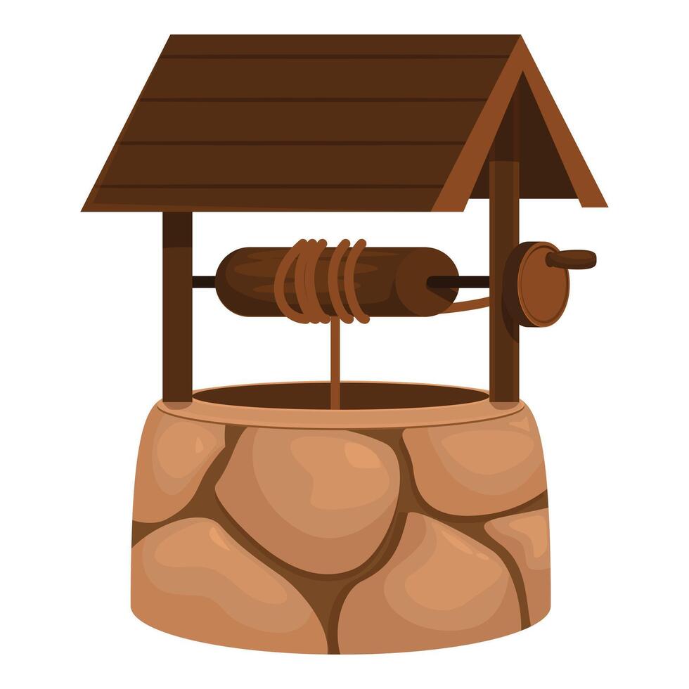 Old stone water well with wooden roof and bucket hanging on rope vector