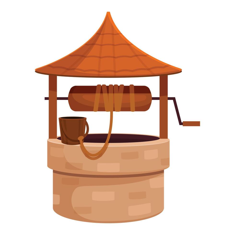 Old stone water well with wooden roof and bucket hanging on rope vector