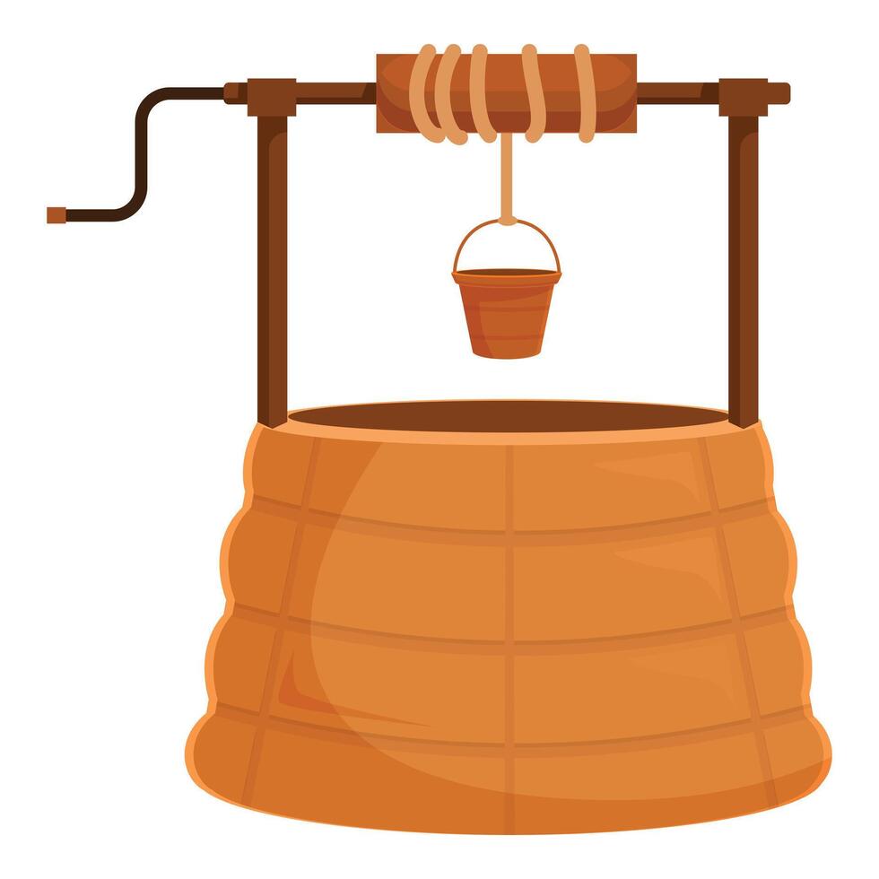 Cartoon water well hanging from wooden beam with stone base vector