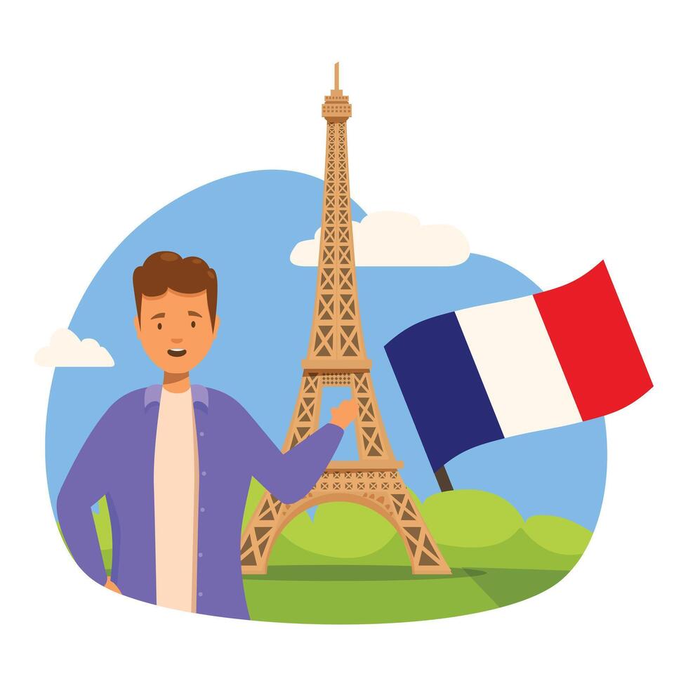 Young man presenting the eiffel tower and holding a french flag vector