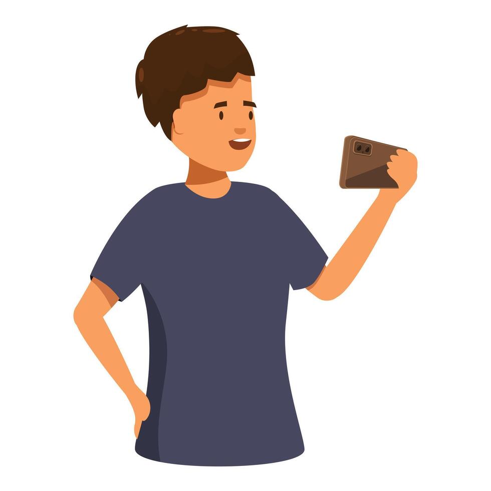 Young man holding smartphone and smiling recording video blog vector