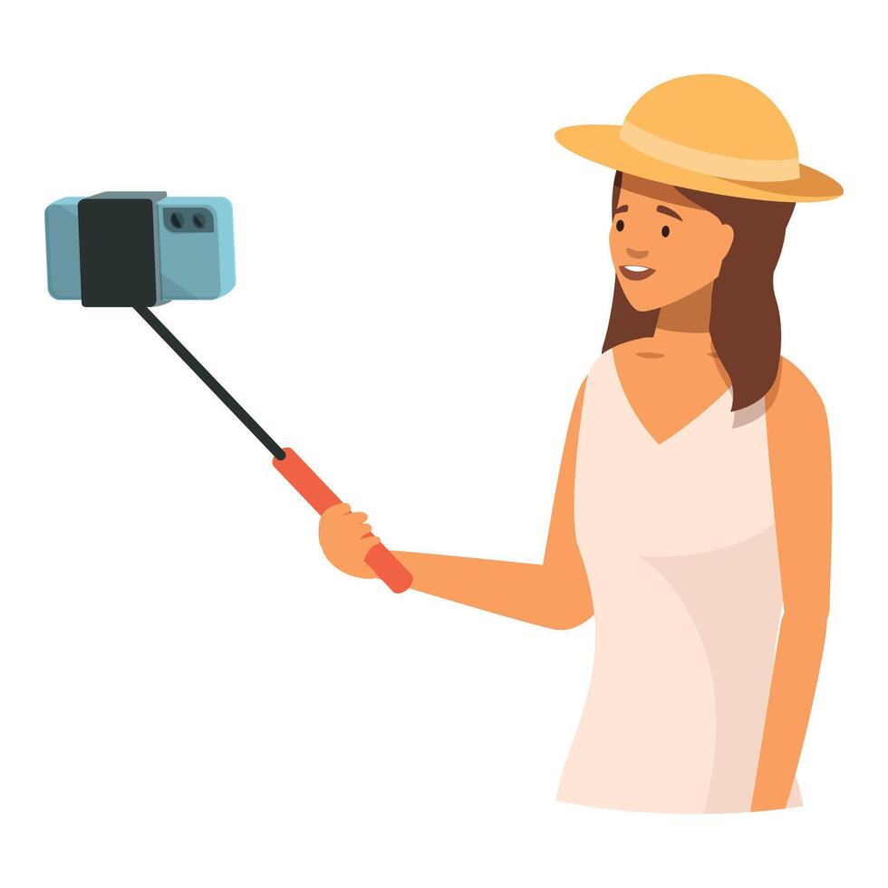 Young woman taking selfie with monopod and smartphone smiling at camera vector