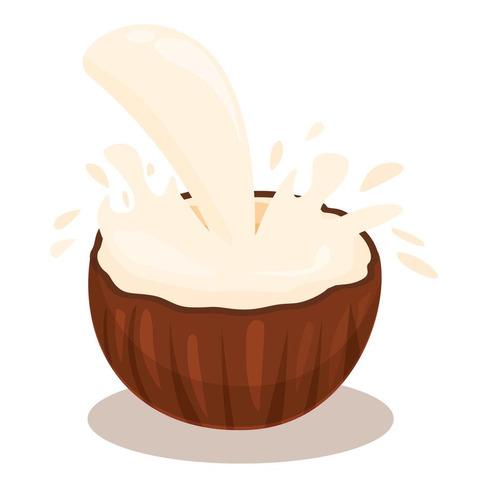 Coconut milk splashing into half coconut shell vector