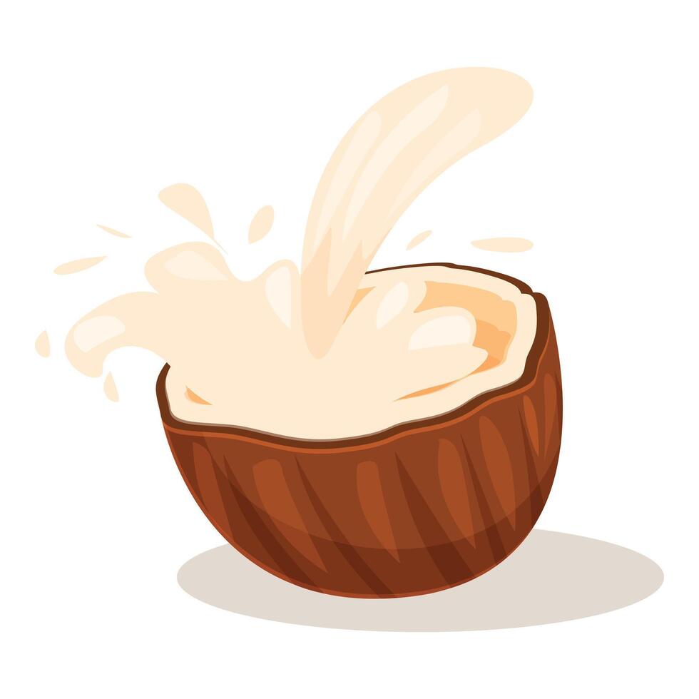 Coconut milk splashing into half coconut vector