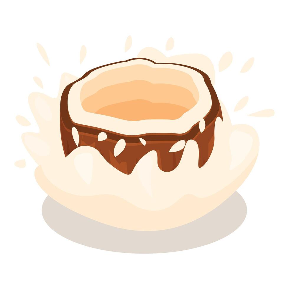 Coconut milk splashing around coconut shell vector