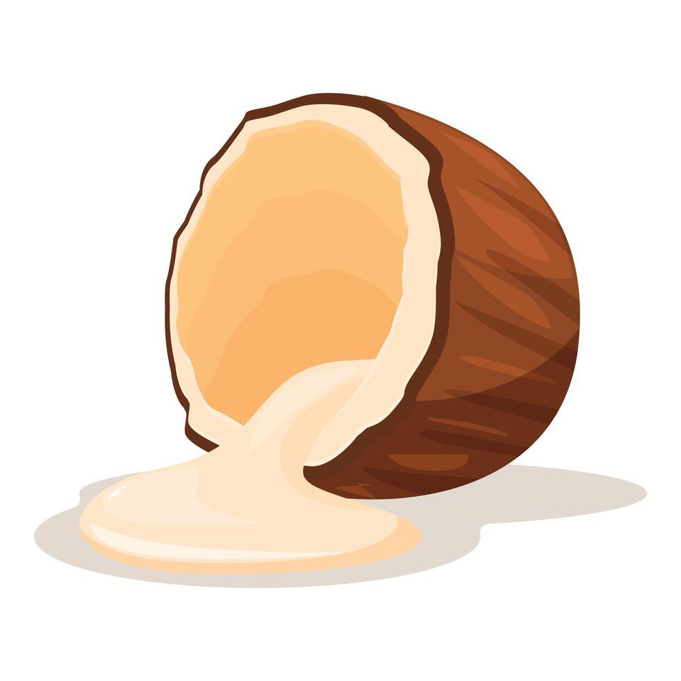 Coconut milk pouring from cracked coconut on white background vector