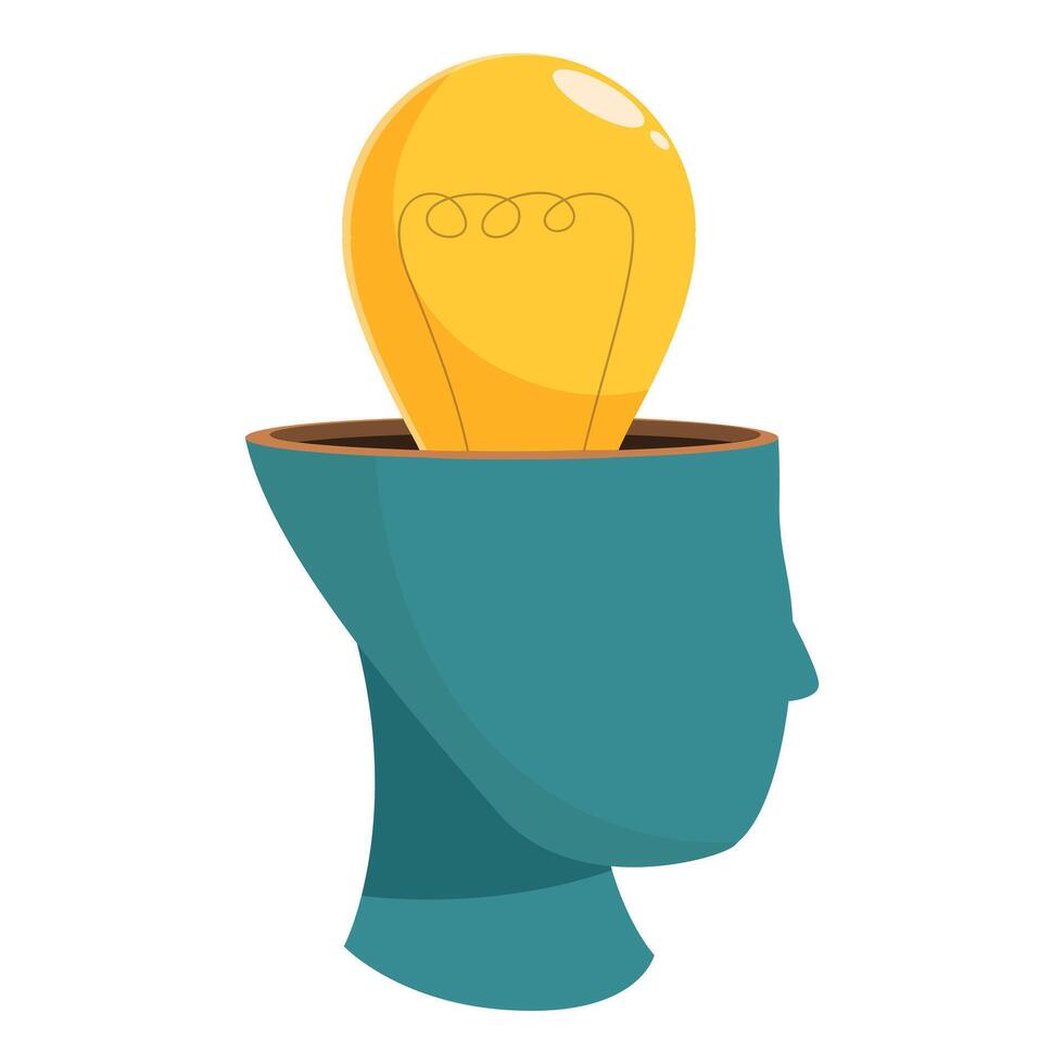Human head profile containing glowing light bulb showing creative thinking process vector