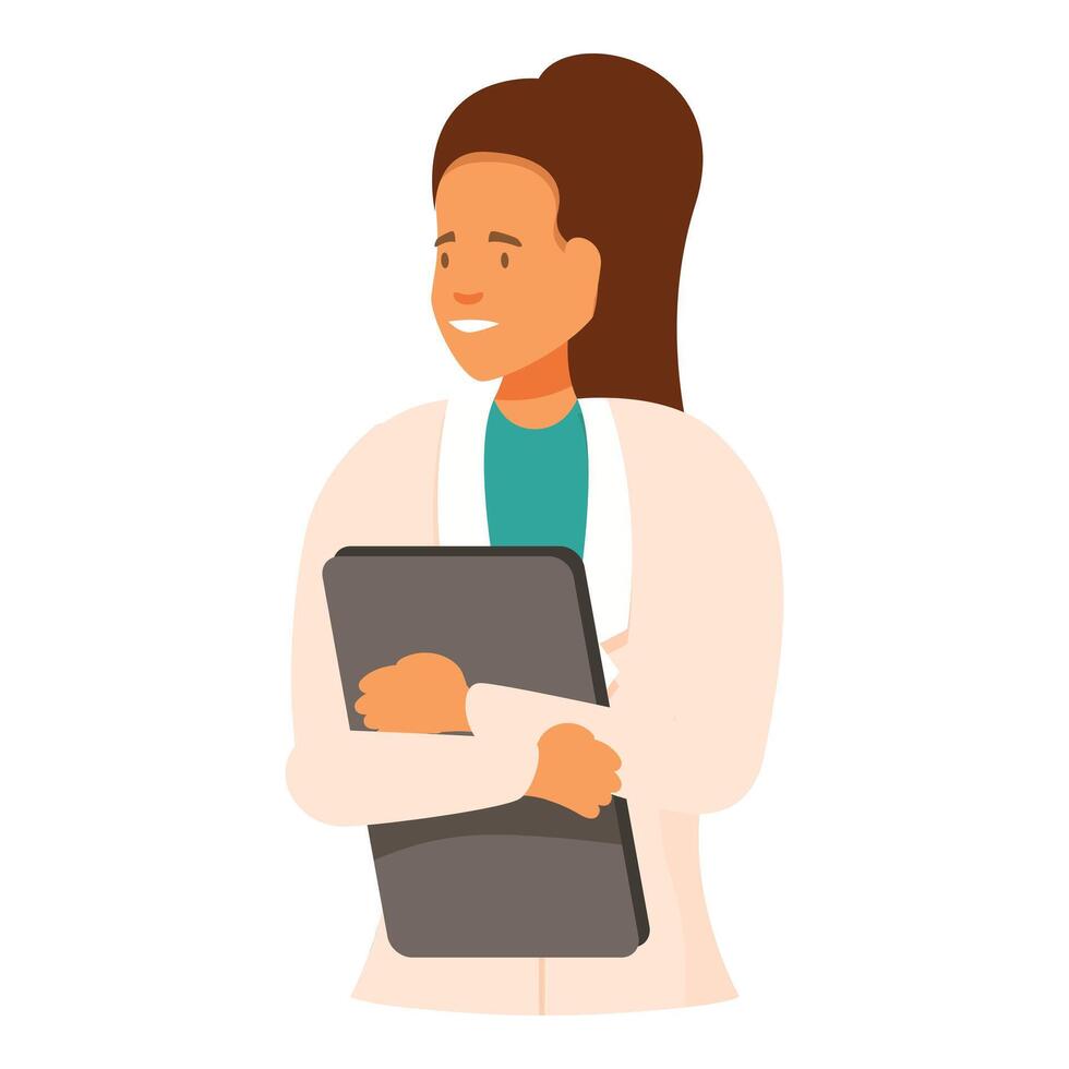 Young female doctor holding tablet smiling and looking away vector