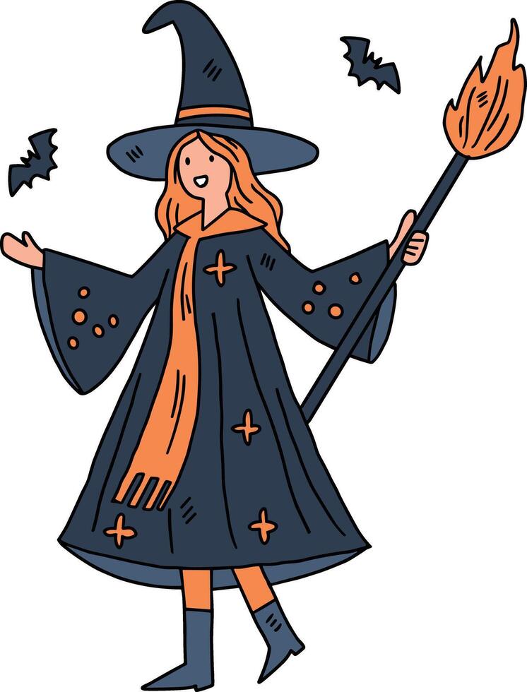 A girl in a witch costume is holding a wand and smiling vector