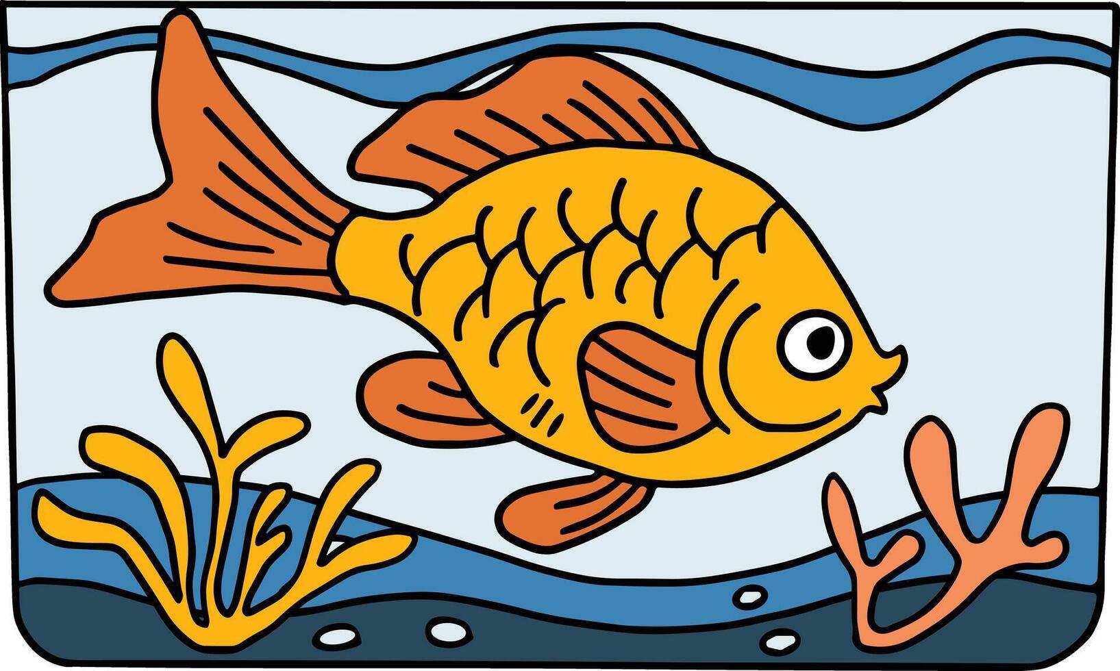A fish is swimming in a tank with some plants and rocks vector