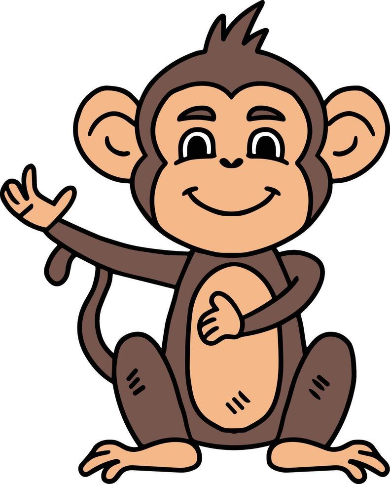 A cute cartoon monkey is sitting on the ground and waving vector