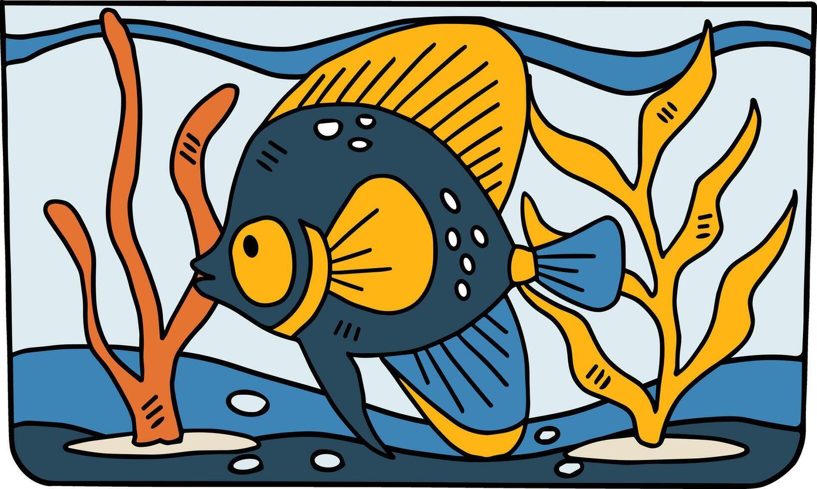 A fish is swimming in a tank with some plants and rocks vector