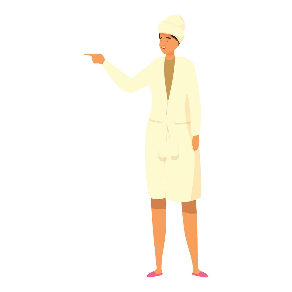 Woman wearing bathrobe pointing with finger showing something interesting vector