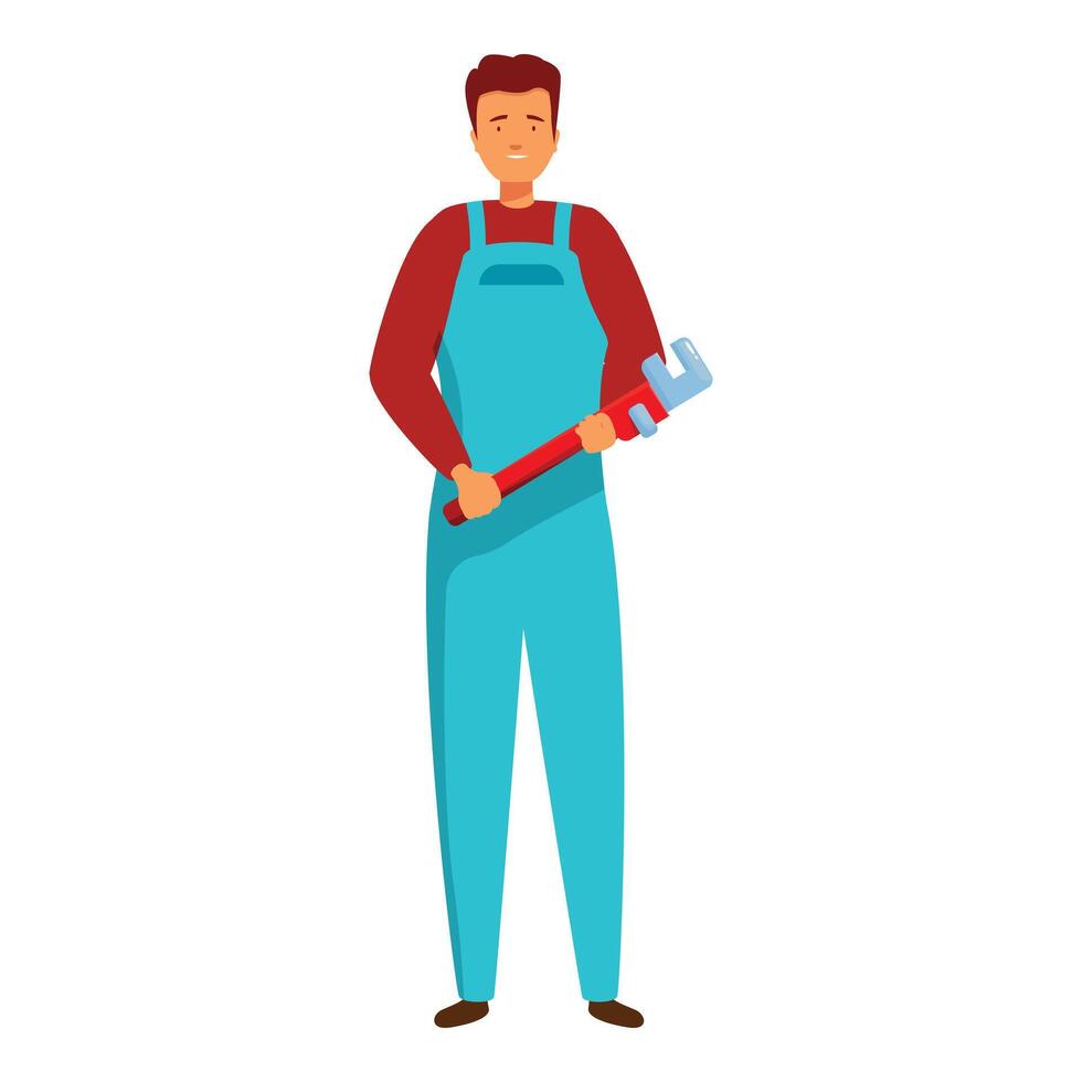 Confident plumber holding pipe wrench ready for work vector