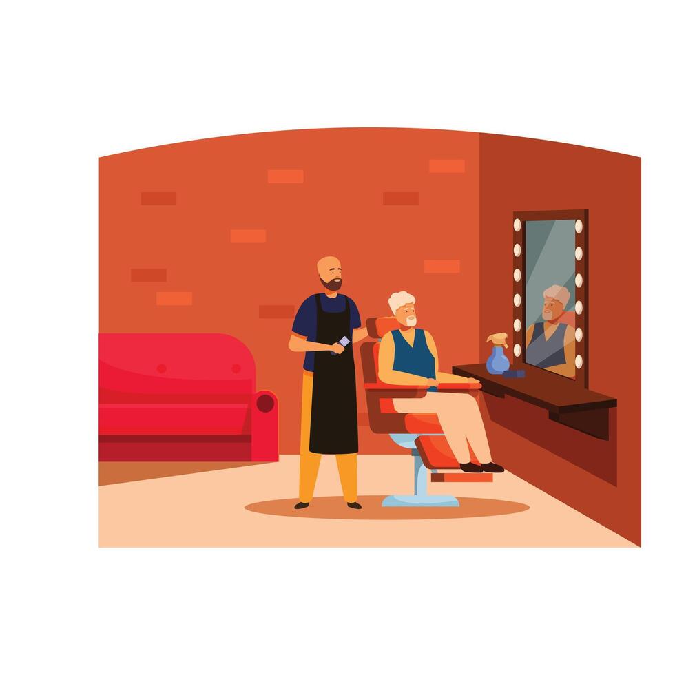 Barber standing next to senior customer sitting in barber chair getting hair cut vector