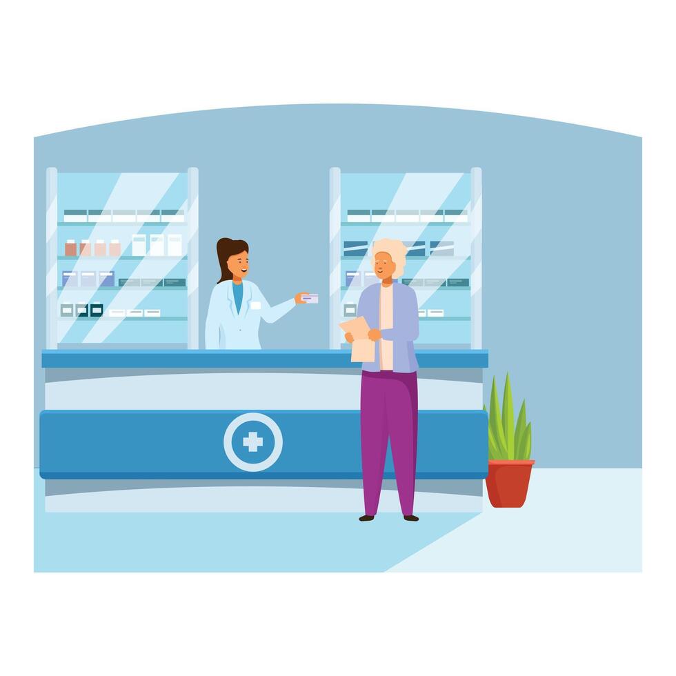Senior woman buying medicine from pharmacist holding prescription in pharmacy vector