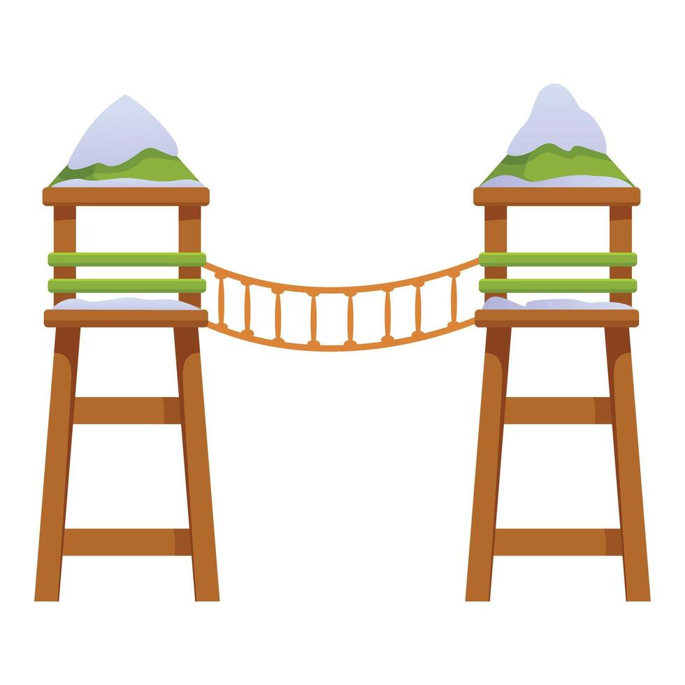 Rope bridge connecting two wooden towers covered with snow vector
