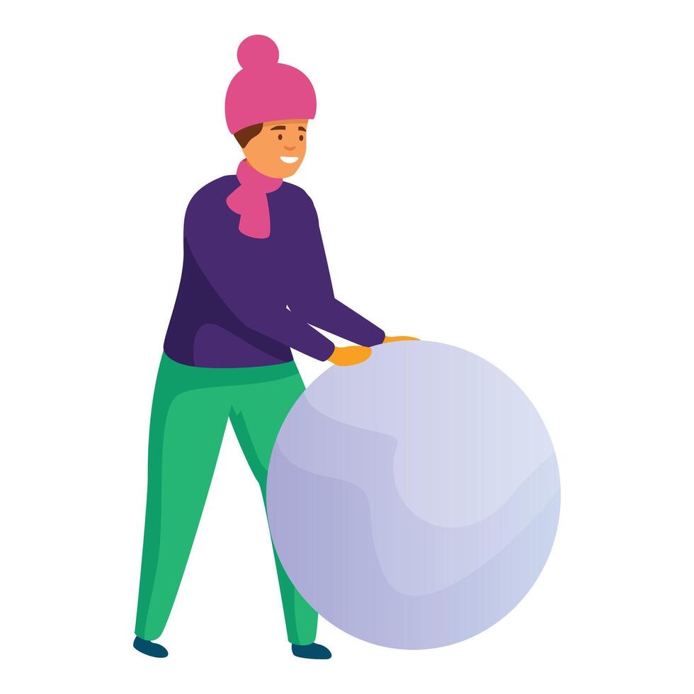 Young man building a giant snowball for a snowman vector