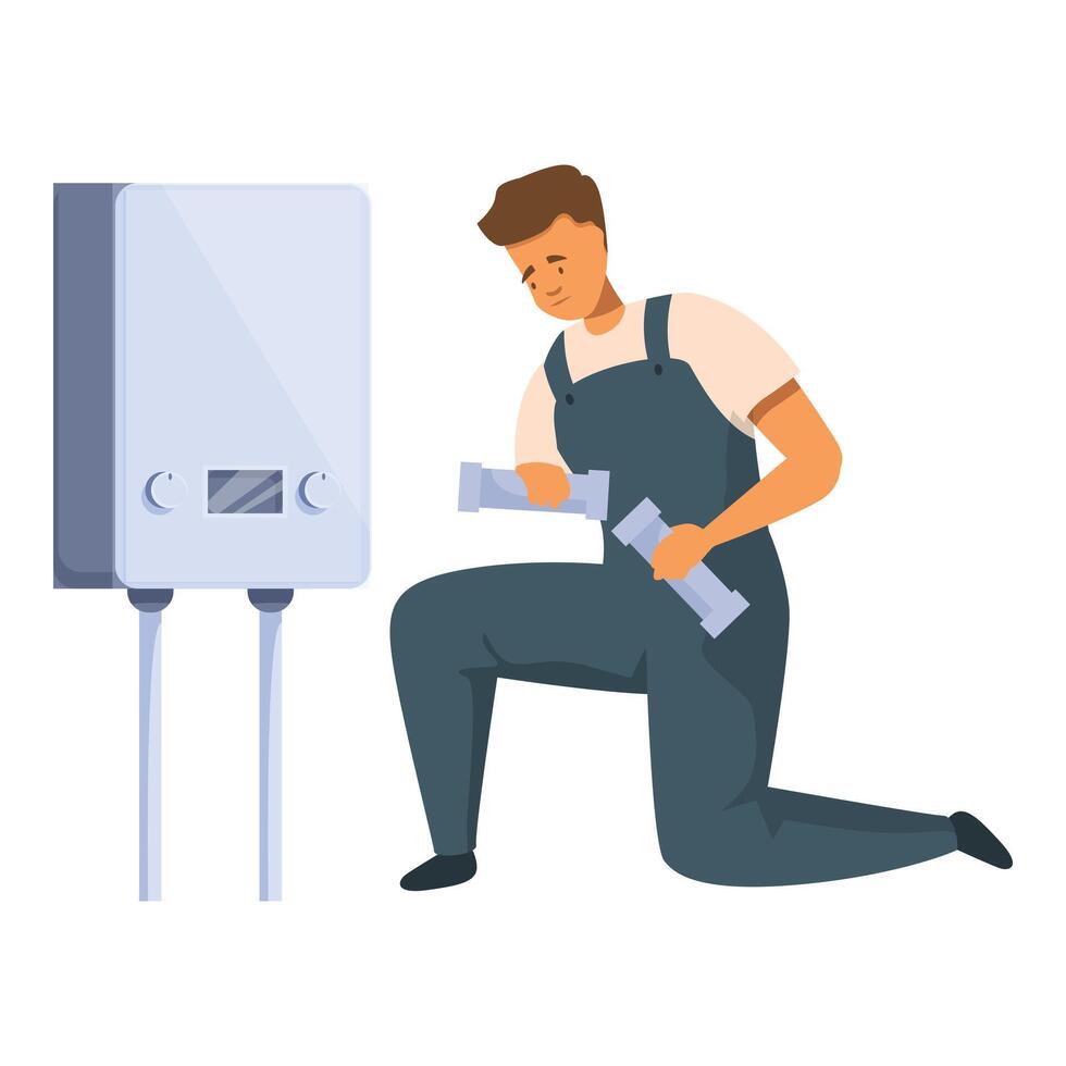Plumber installing water heater or boiler for hot water supply vector