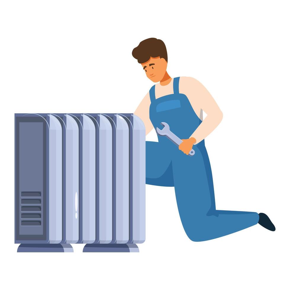 Plumber kneeling and repairing a household radiator with a wrench vector