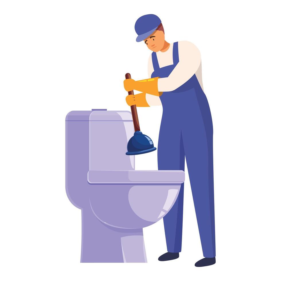 Plumber using plunger for unclogging toilet bowl vector