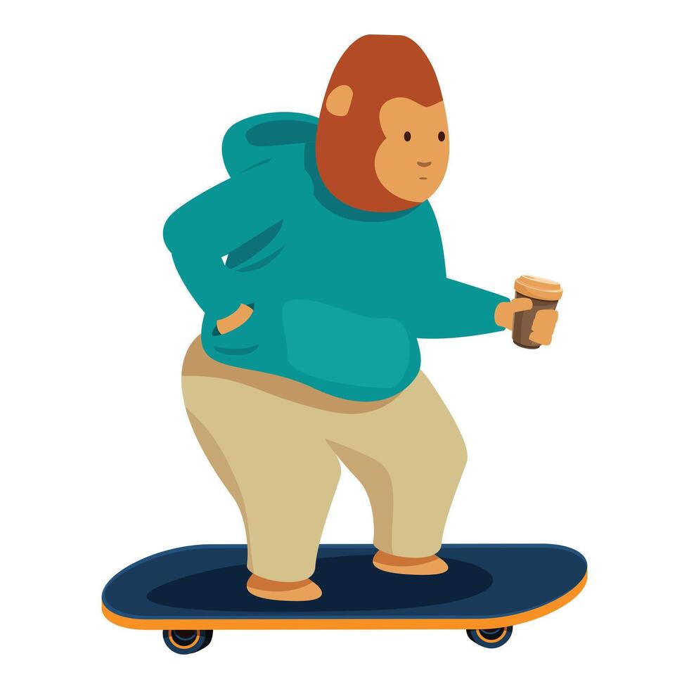 Monkey in a hoodie skateboarding and holding a coffee vector