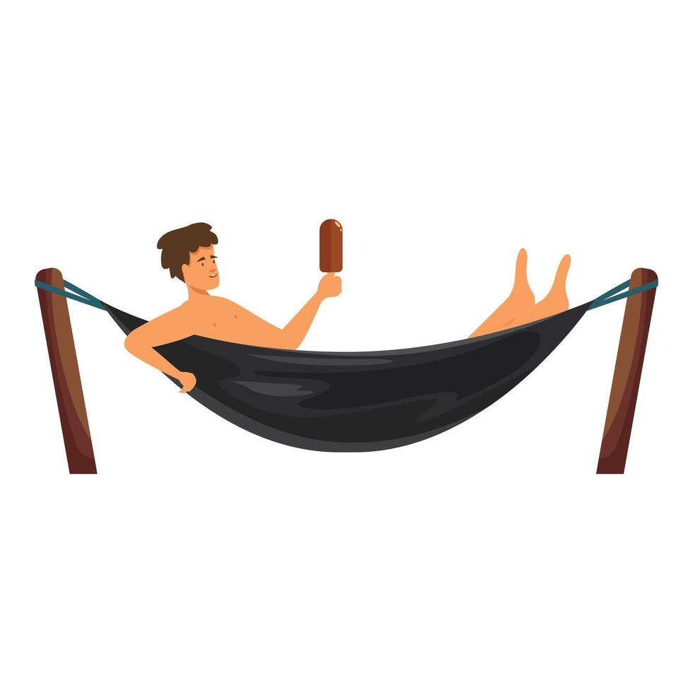 Young man relaxing in hammock and eating ice cream on summer vacation vector
