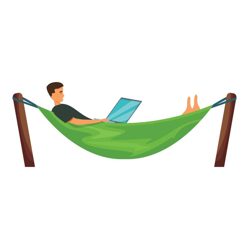 Freelancer working on laptop lying in hammock enjoying distant work and relaxing vector